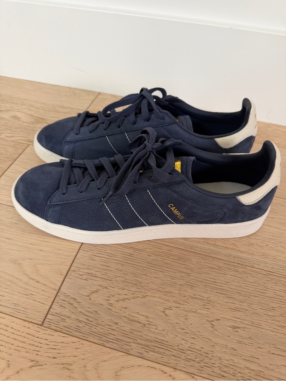 ADIDAS Campus Sneakers Blue Suede White Gold Retro Academia Casual Skater Sz 13